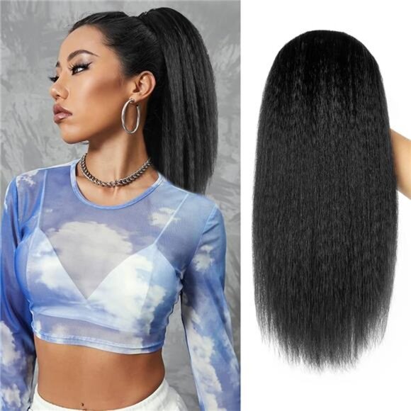 Straight Ponytail Extension for Women, 14 Inch Black Fluffy - Picture 1 of 5